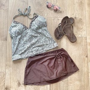 2pc swimsuit tankini brown top & bottom/skirt 8 M